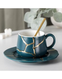 Чайная пара керамическая Кракле с золотом чашка 250 мл блюдце ложка синий Nobrand