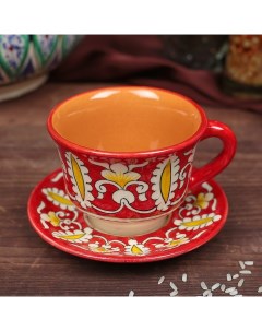 Чайная пара Риштанская Керамика Узоры 100 мл тарелка 10см чашка 7 5см красная Шафран