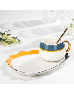Чайная пара керамическая Аврора 3 предмета чашка 250 мл тарелка 21х17х2 см ложка Nobrand