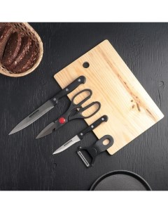 Набор кухонный 5 предметов ножи 9 2 15 2 см овощечистка ножницы доска черный Nobrand