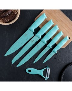 Набор кухонных инструментов Клауд 6 предметов ножи овощечистка из керамики бирюзовый Nobrand
