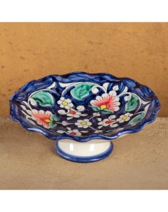 Конфетница Риштанская Керамика Цветы 16 см синяя Шафран