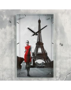 Часы настенные прямоугольные Девушка в красном платье в париже 35х60 см Сюжет