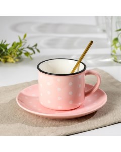 Чайная пара Горошек чашка 220 мл блюдце d 15 см ложка цвет розовый Nobrand