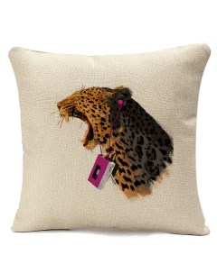Подушка бежевая Животные Леопард с розовым плеером Coolpodarok