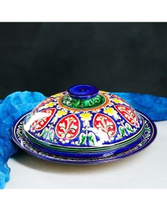 Блинница Риштанская Керамика Цветы 26 см синий Шафран