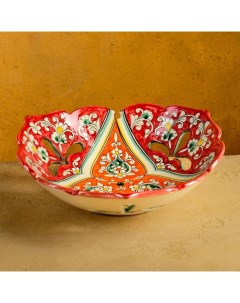Фруктовница Риштанская Керамика Цветы 26 см красная Шафран