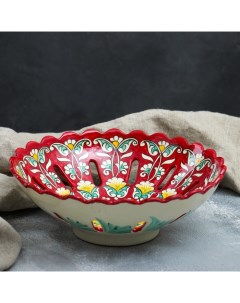 Фруктовница Риштанская Керамика Цветы 25 см красная Шафран