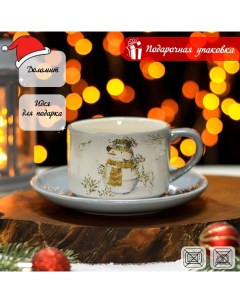 Чайная пара Рождественский снеговик чашка 210 мл блюдце d 15 см Доляна