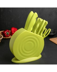 Набор кухонных принадлежностей на подставке 8 ножей ножеточка ножницы цвет зелёный Nobrand
