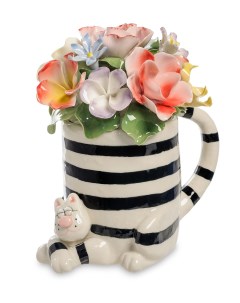 Статуэтка Полосатый Кот с вазой цветов 16 см Pavone