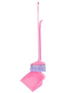 Набор для уборки совок и щетка веник на длинных ручках пластиковые розовые Urm