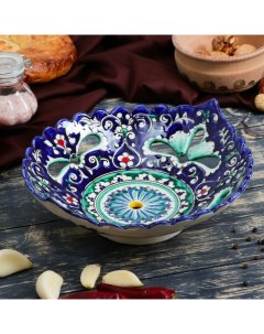 Блюдо Риштанская Керамика Цветы 25 см синее рифлёное овальное Шафран