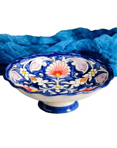 Конфетница Риштанская Керамика Цветы 14 см синяя Шафран