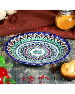 Тарелка Риштанская Керамика Цветы синяя рильефная 23 см Шафран