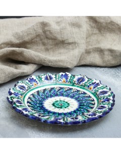 Тарелка Риштанская Керамика Цветы синяя рильефная 17см Шафран