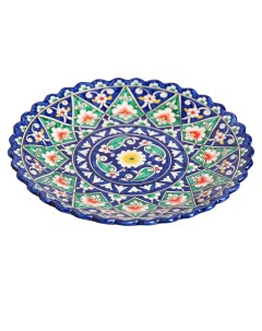 Тарелка Риштанская Керамика Цветы синяя рельефная 25 см Шафран
