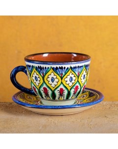 Чайная пара Риштанская Керамика Цветы 250 мл синяя Шафран