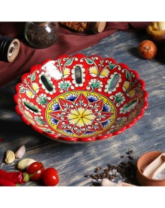 Фруктовница Риштанская Керамика Цветы 23 см красная Шафран