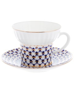 Чашка с блюдцем чайная Волна Кобальтовая сетка Императорский фарфоровый завод