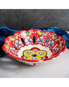 Фруктовница Риштанская Керамика Цветы 28 см красная Шафран