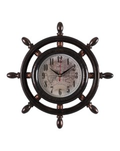 Часы настенные штурвал d 15 см корпус черный с бронзой Карта Рубин