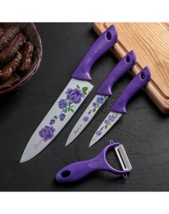 КНР 4 предмета ножи с антиналипающим покрытием овощечистка фиолетовый Nobrand