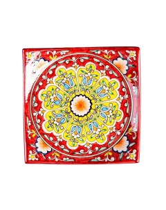 Тарелка Риштанская Керамика Узоры красная 20 см квадратная Шафран