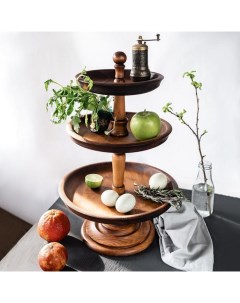 Трёхъярусная ваза для фруктов и сладостей из натурального кедра Mаgistrо 47 см шоколадный Nobrand