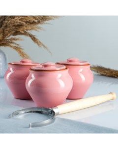 Набор посуды для запекания Трио с ухватом розовый 500 мл 3шт Вятская керамика