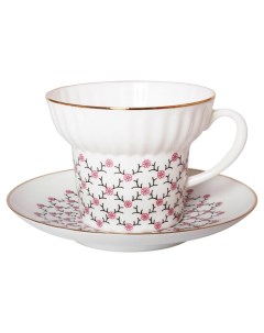 Чашка с блюдцем чайная Волна Розовая сетка Императорский фарфоровый завод