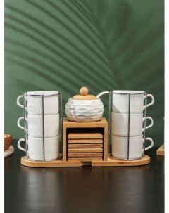 Набор чайный керамический на деревянной подставке BellaTenero 13 предметов 6 чашек 150 м Nobrand
