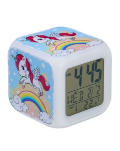 Часы настольные электронные Единорог с подсветкой будильник термометр календарь 8х8 см Nobrand