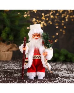 Новогодняя фигурка Дед Мороз в костюмчике с орнаментом с посохом 6938372 11x10x25 см Nobrand