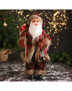 Дед Мороз В красной клетчатой шубке с фонариком и веточками 20х45 см Nobrand
