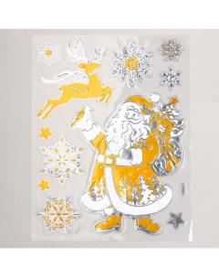 Наклейка пластик Дед Мороз с подарками и олень серебристо золотая 24х33 см Nobrand