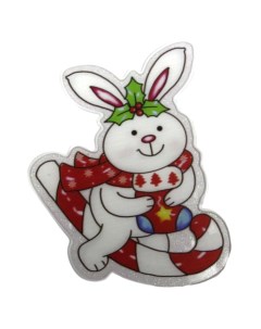 Новогодняя наклейка белый кролик верхом на леденце 15307 1шт Merry christmas