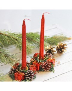 Свеча новогодняя с подсвечником Красные шишки и подарки набор 4 шт 4х13х17 см красный Зимнее волшебство