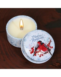 Новогодняя свеча в железной банке Снегири аромат ваниль 4 5 х 4 5 х 2 5 см Зимнее волшебство
