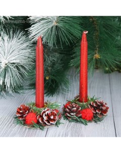 Свеча новогодняя с подсвечником Блеск набор 4 шт 3 5х11х15 см красный Зимнее волшебство