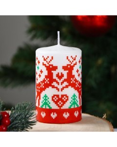 Свеча цилиндр новогодняя Скандинавские узоры Оленёнок 6х10 см 30 ч 227 г Омский свечной