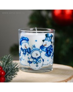 Свеча в стекле новогодняя Семейство Снеговиков гжель 7 8x7 см Омский свечной