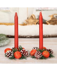 Свеча новогодняя с подсвечником Красные шары и шишки набор 4 шт 4х13 5х17 см красный Зимнее волшебство