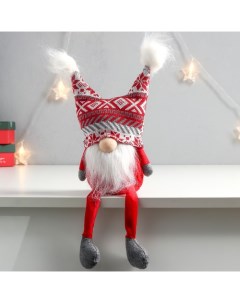 Новогодняя фигурка Дед Мороз в шапке с красными узорами с бомбошками 7575276 13x10x41 см Nobrand