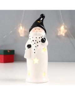 Новогодний светильник Дед Мороз черный колпак борода в горох с фонарем белый теплый Nobrand