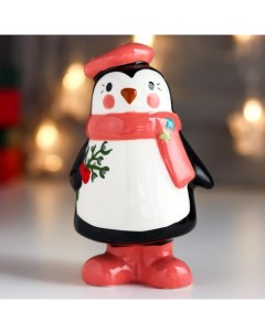 Сувенир керамика Пингвинчик в розовом берете и шарфе с зимней веточкой 13 6х6 8х8 1 см Nobrand