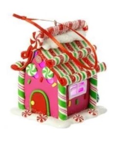 Елочная игрушка Карамельный домик розовый с подсветкой MA6916A 9 см 1 шт Crystal deco