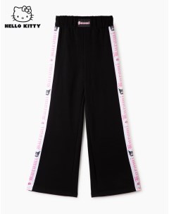 Чёрные спортивные брюки Wide leg с лампасами и принтом Hello Kitty для девочки Gloria jeans
