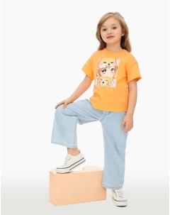 Оранжевая футболка oversize с аниме принтом для девочки Gloria jeans