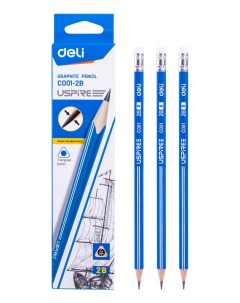 Набор чернографитных карандашей 2B круглая форма 12 шт с ластиком синий Uspire 2B EC001 2B EC001 2B Deli